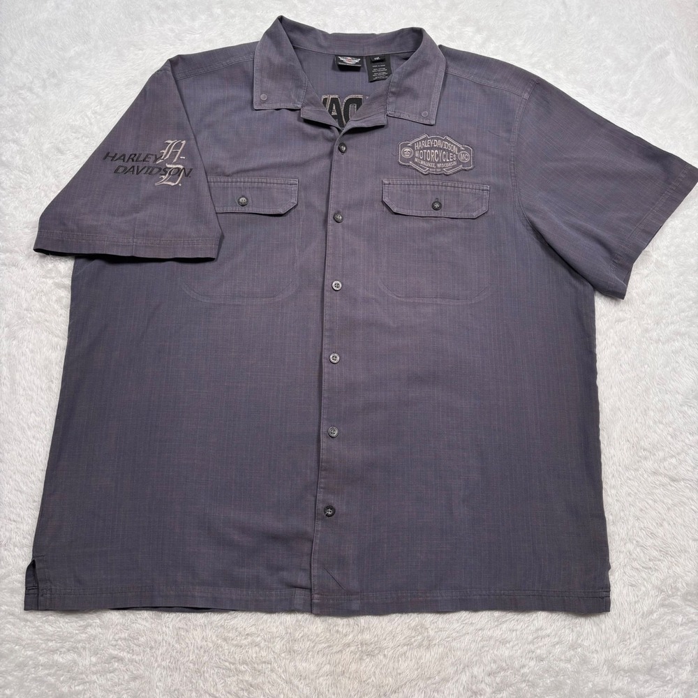 Y2K Harley-Davidson Button Shirt Men 2XL Gray Blue Mechanic Spellout Short Slv - Picture 3 of 16